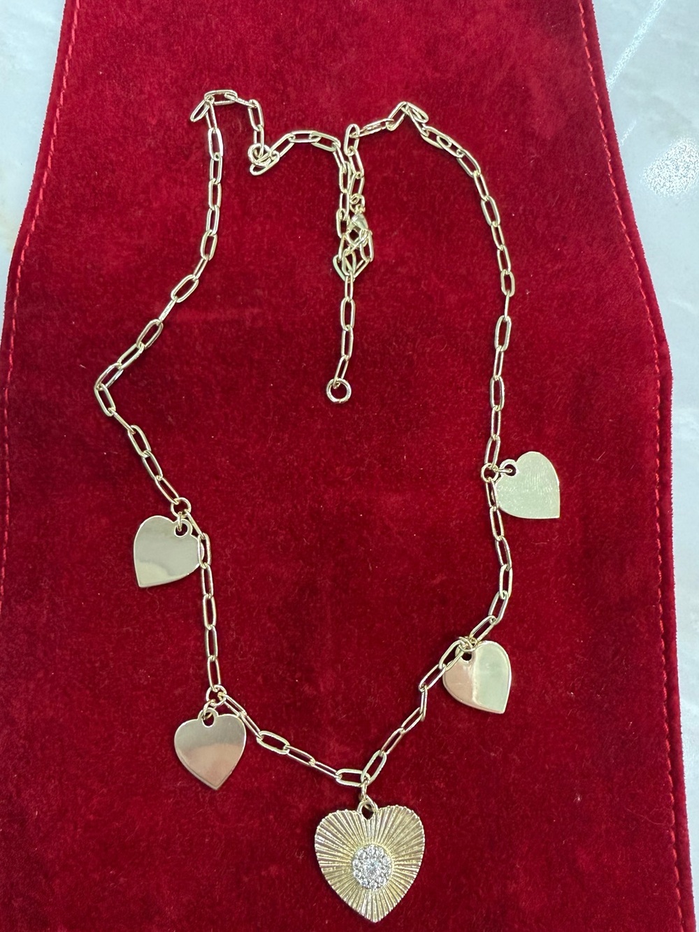 Gold Heart Link Necklace with Textured Center Pendant - Women Jewelry